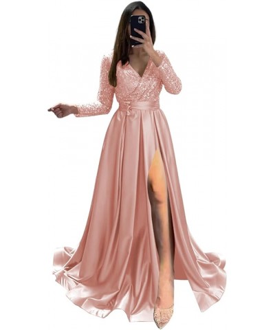 Long Sleeve Sequin Tulle Prom Dresses with Pockets Satin Ball Gowns with Slit V-Neck Formal Evening Gowns CYM192 Blush Pink $...