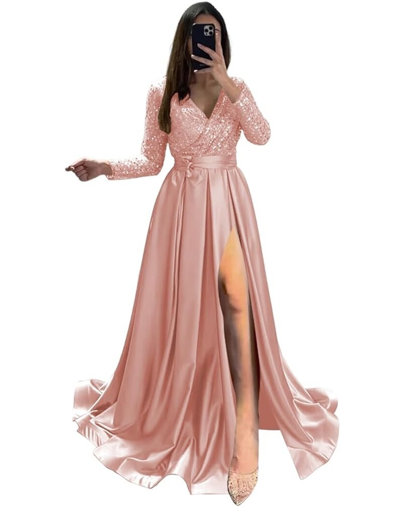 Long Sleeve Sequin Tulle Prom Dresses with Pockets Satin Ball Gowns with Slit V-Neck Formal Evening Gowns CYM192 Blush Pink $...