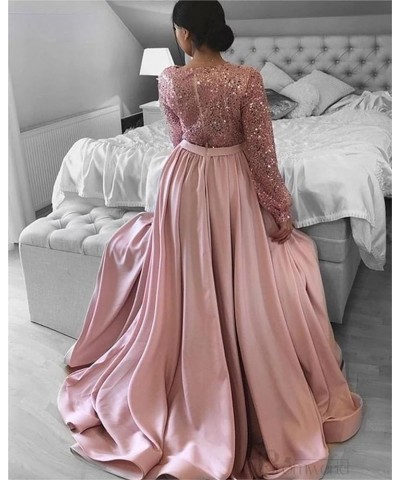 Long Sleeve Sequin Tulle Prom Dresses with Pockets Satin Ball Gowns with Slit V-Neck Formal Evening Gowns CYM192 Blush Pink $...