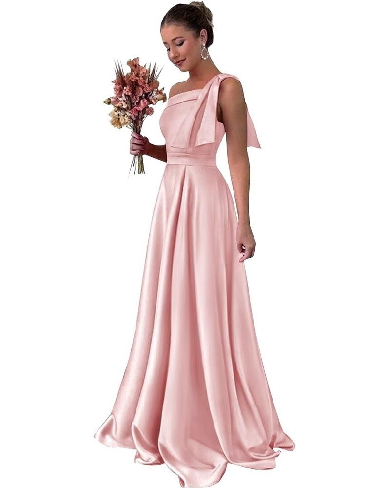 One Shoulder Satin Bridesmaid Dresses for Women Bow Strap Long Prom Evening Dress with Pockets Blush Pink $35.20 Dresses