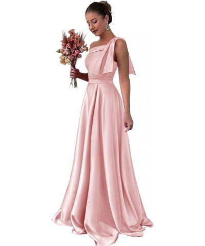 One Shoulder Satin Bridesmaid Dresses for Women Bow Strap Long Prom Evening Dress with Pockets Blush Pink $35.20 Dresses