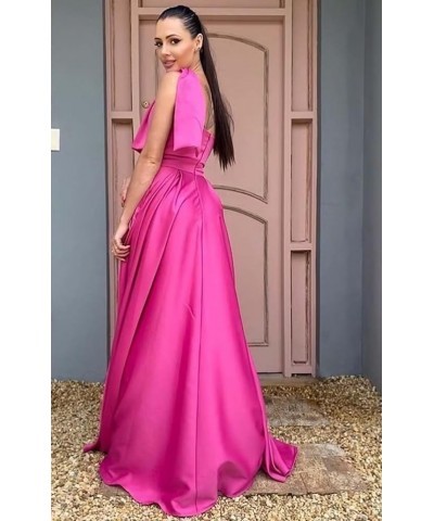 One Shoulder Satin Bridesmaid Dresses for Women Bow Strap Long Prom Evening Dress with Pockets Blush Pink $35.20 Dresses