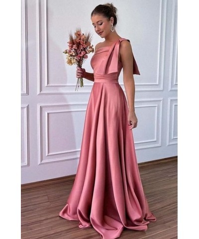 One Shoulder Satin Bridesmaid Dresses for Women Bow Strap Long Prom Evening Dress with Pockets Blush Pink $35.20 Dresses