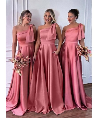 One Shoulder Satin Bridesmaid Dresses for Women Bow Strap Long Prom Evening Dress with Pockets Blush Pink $35.20 Dresses