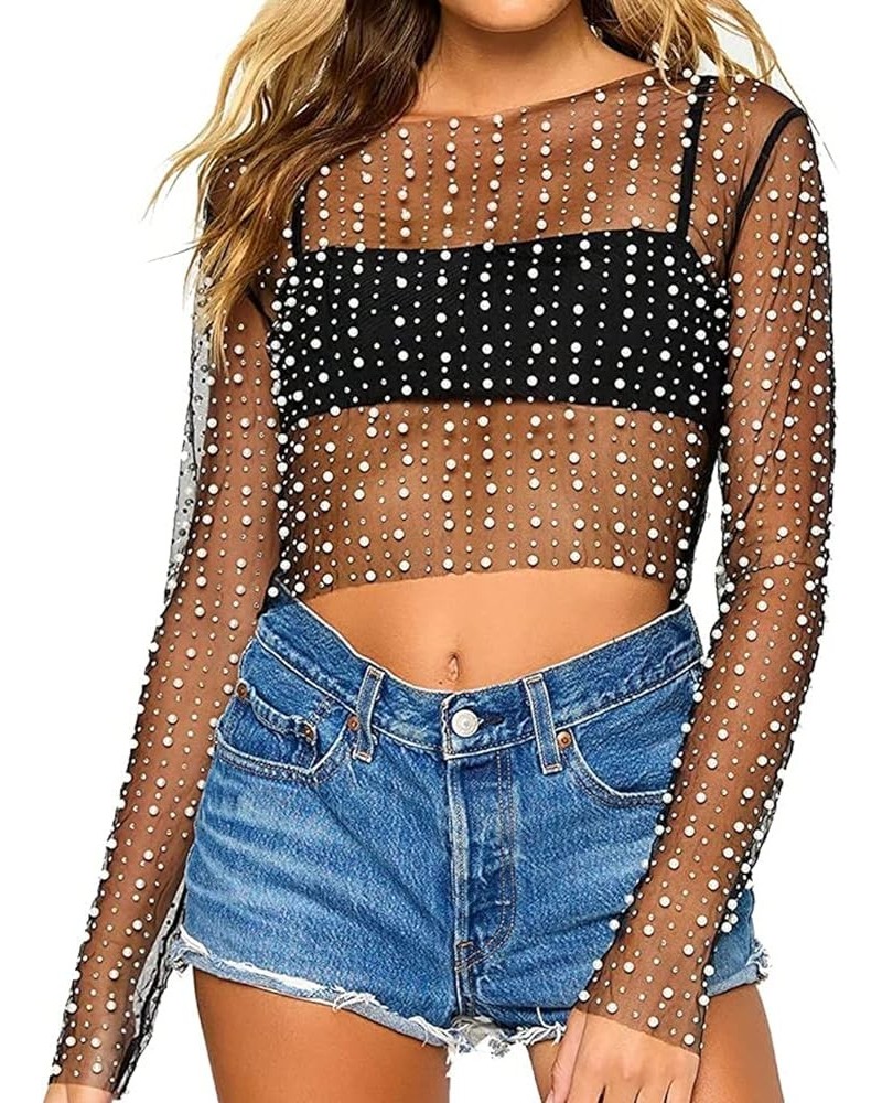 Women's Pearl Rhinestone See Through Long Sleeve Mesh Blouse One Piece Cover Up Crop Tops Black $15.05 Swimsuits