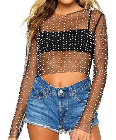 Women's Pearl Rhinestone See Through Long Sleeve Mesh Blouse One Piece Cover Up Crop Tops Black $15.05 Swimsuits