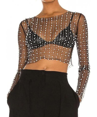 Women's Pearl Rhinestone See Through Long Sleeve Mesh Blouse One Piece Cover Up Crop Tops Black $15.05 Swimsuits