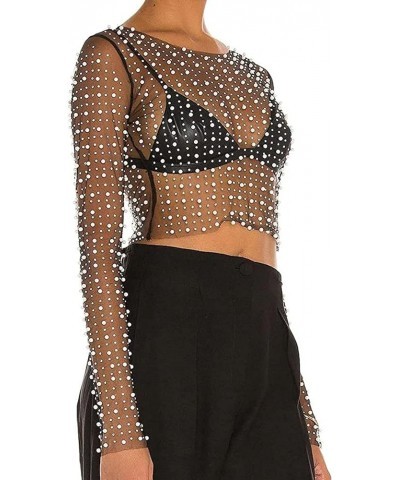 Women's Pearl Rhinestone See Through Long Sleeve Mesh Blouse One Piece Cover Up Crop Tops Black $15.05 Swimsuits