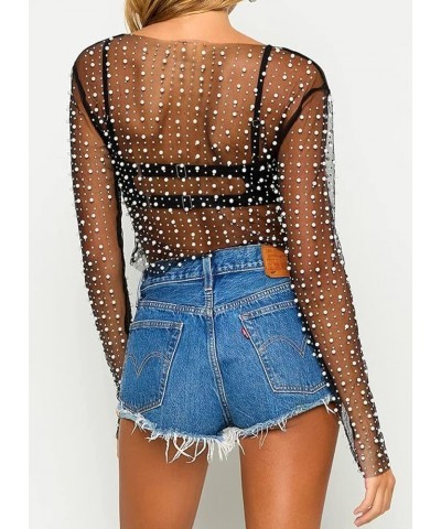 Women's Pearl Rhinestone See Through Long Sleeve Mesh Blouse One Piece Cover Up Crop Tops Black $15.05 Swimsuits