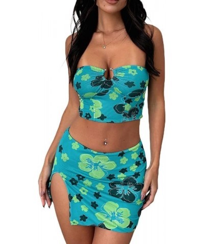 Women Y2k 2 Piece Skirt Sets Sexy 3D Floral Sheer Mesh Crop Top Bodycon Ruffle Split Mini Skirt Summer Beach Set G1-green Flo...