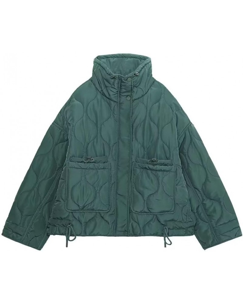 Women's Cropped Puffer Thickened Coat Winter Long Sleeve Zip Puff Quilted Winter Jacket with Warm Collar Dark Green-3 $33.20 ...