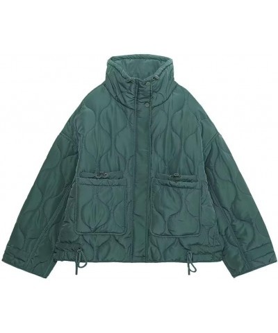 Women's Cropped Puffer Thickened Coat Winter Long Sleeve Zip Puff Quilted Winter Jacket with Warm Collar Dark Green-3 $33.20 ...