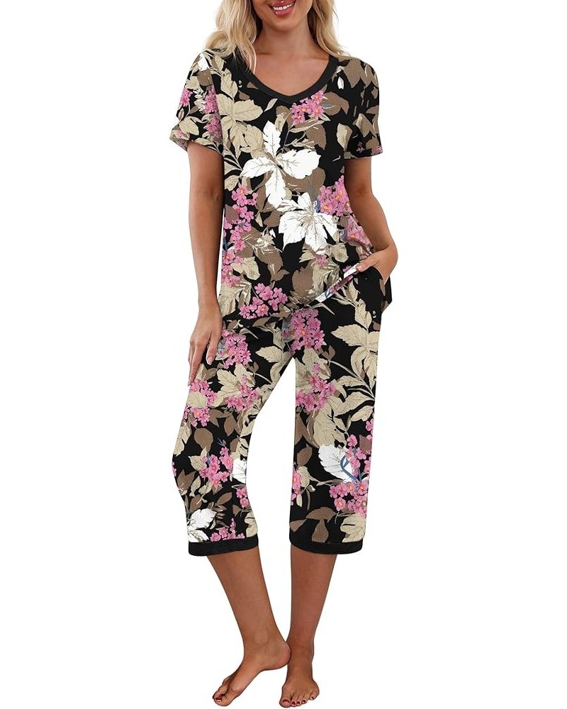 Women's Pajama Set Short Sleeve Shirt and Capri Pants Sleepwear Pjs Sets with Pockets Fp-big Leaf Pink $14.00 Sleep & Lounge