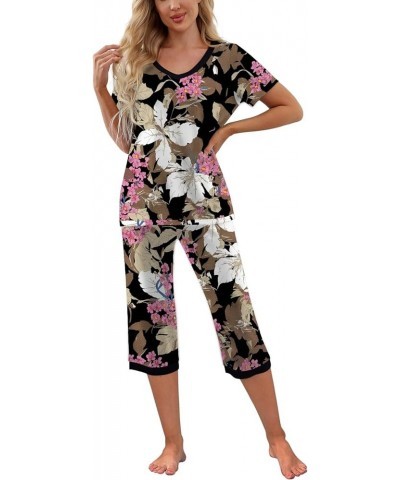 Women's Pajama Set Short Sleeve Shirt and Capri Pants Sleepwear Pjs Sets with Pockets Fp-big Leaf Pink $14.00 Sleep & Lounge