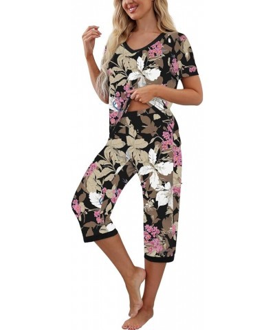 Women's Pajama Set Short Sleeve Shirt and Capri Pants Sleepwear Pjs Sets with Pockets Fp-big Leaf Pink $14.00 Sleep & Lounge