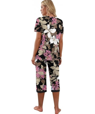 Women's Pajama Set Short Sleeve Shirt and Capri Pants Sleepwear Pjs Sets with Pockets Fp-big Leaf Pink $14.00 Sleep & Lounge