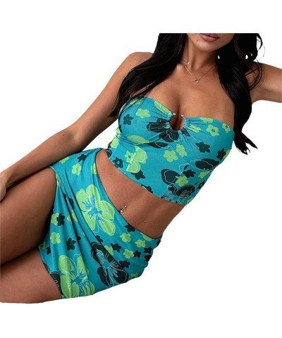 Women Y2k 2 Piece Skirt Sets Sexy 3D Floral Sheer Mesh Crop Top Bodycon Ruffle Split Mini Skirt Summer Beach Set G1-green Flo...