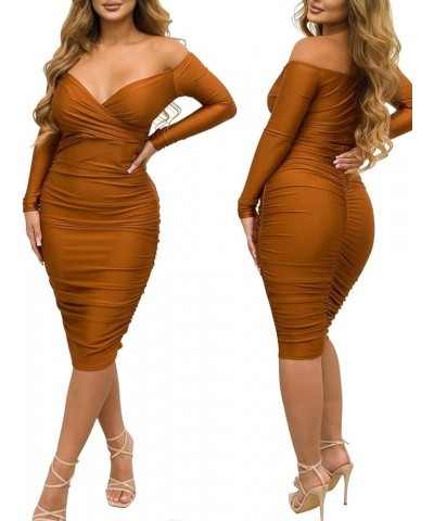 Women's Sexy Deep V Neck Off Shoulder Ruched Bodycon Long Sleeve Midi Dress Evening Party Cocktail Dress Brown $18.78 Dresses