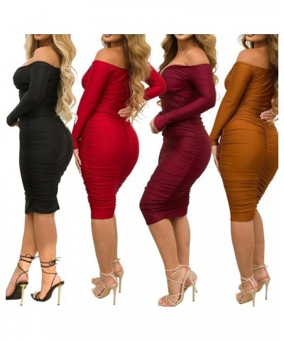 Women's Sexy Deep V Neck Off Shoulder Ruched Bodycon Long Sleeve Midi Dress Evening Party Cocktail Dress Brown $18.78 Dresses