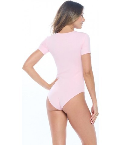 Short Sleeve Round Neck Body Suit-Breathable Cotton Stretch Pink $9.22 Bodysuits