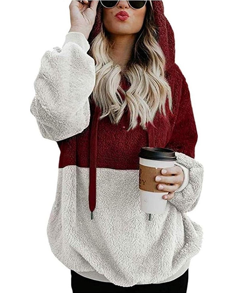 Women Casual Double Fuzzy Sweatshirt Faux Fleece Zip Pullover Hoodies Coat Outwear S-XXL C-wine Red/White $23.00 Hoodies & Sw...