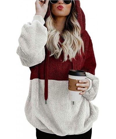 Women Casual Double Fuzzy Sweatshirt Faux Fleece Zip Pullover Hoodies Coat Outwear S-XXL C-wine Red/White $23.00 Hoodies & Sw...