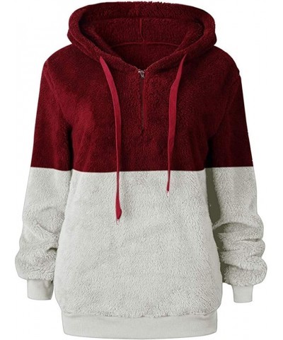 Women Casual Double Fuzzy Sweatshirt Faux Fleece Zip Pullover Hoodies Coat Outwear S-XXL C-wine Red/White $23.00 Hoodies & Sw...