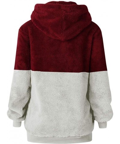 Women Casual Double Fuzzy Sweatshirt Faux Fleece Zip Pullover Hoodies Coat Outwear S-XXL C-wine Red/White $23.00 Hoodies & Sw...