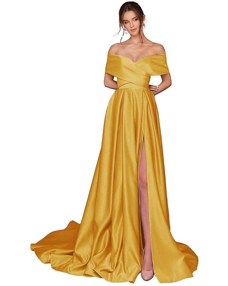 Women's Off The Shoulder Prom Dresses Long Slit Satin A-line Evening Formal Gowns with Pockets Gold $37.87 Dresses