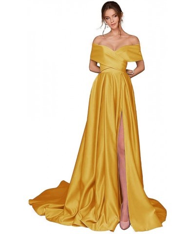 Women's Off The Shoulder Prom Dresses Long Slit Satin A-line Evening Formal Gowns with Pockets Gold $37.87 Dresses