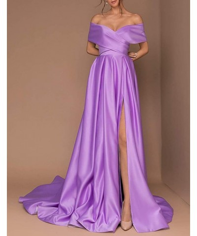 Women's Off The Shoulder Prom Dresses Long Slit Satin A-line Evening Formal Gowns with Pockets Gold $37.87 Dresses