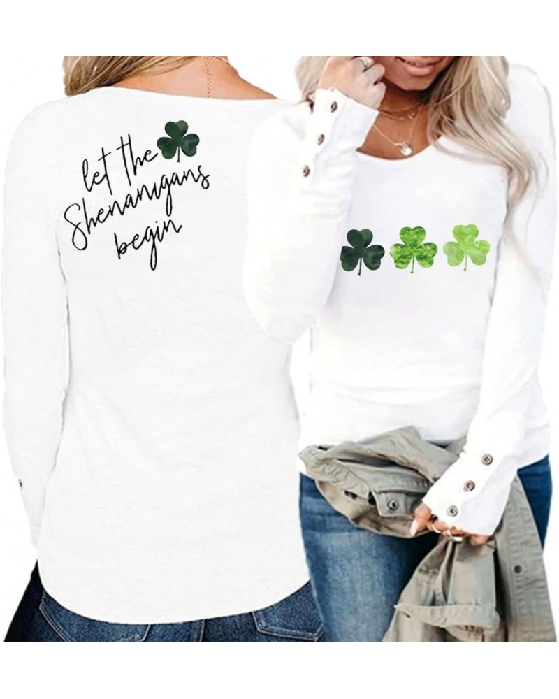 Women's Let The Shenanigans Begin Lucky Shamrock Long Sleeve T-Shirt Women's St. Patrick's Day Sharocks Sweatshirt B-double-w...