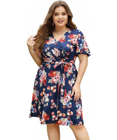 Women's Plus Size Wrap A Line Party Midi Dress V-Neck Stretchy Casual Belted Bodycon Midi Dress Navyf-short $8.24 Dresses