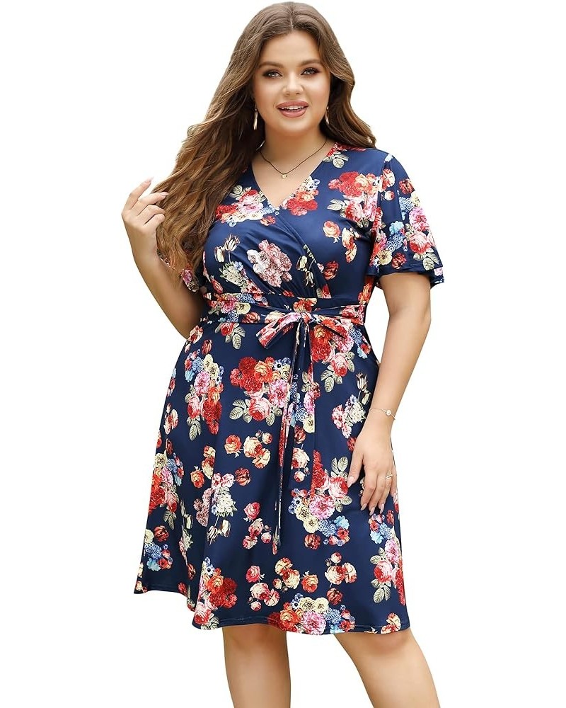 Women's Plus Size Wrap A Line Party Midi Dress V-Neck Stretchy Casual Belted Bodycon Midi Dress Navyf-short $8.24 Dresses