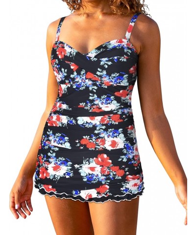 Women's One Piece Swimdress Tummy Control Bathing Suit Front Cross Monokini Ruffled Hem Swimsuits Swim Dress Red Floral $21.5...