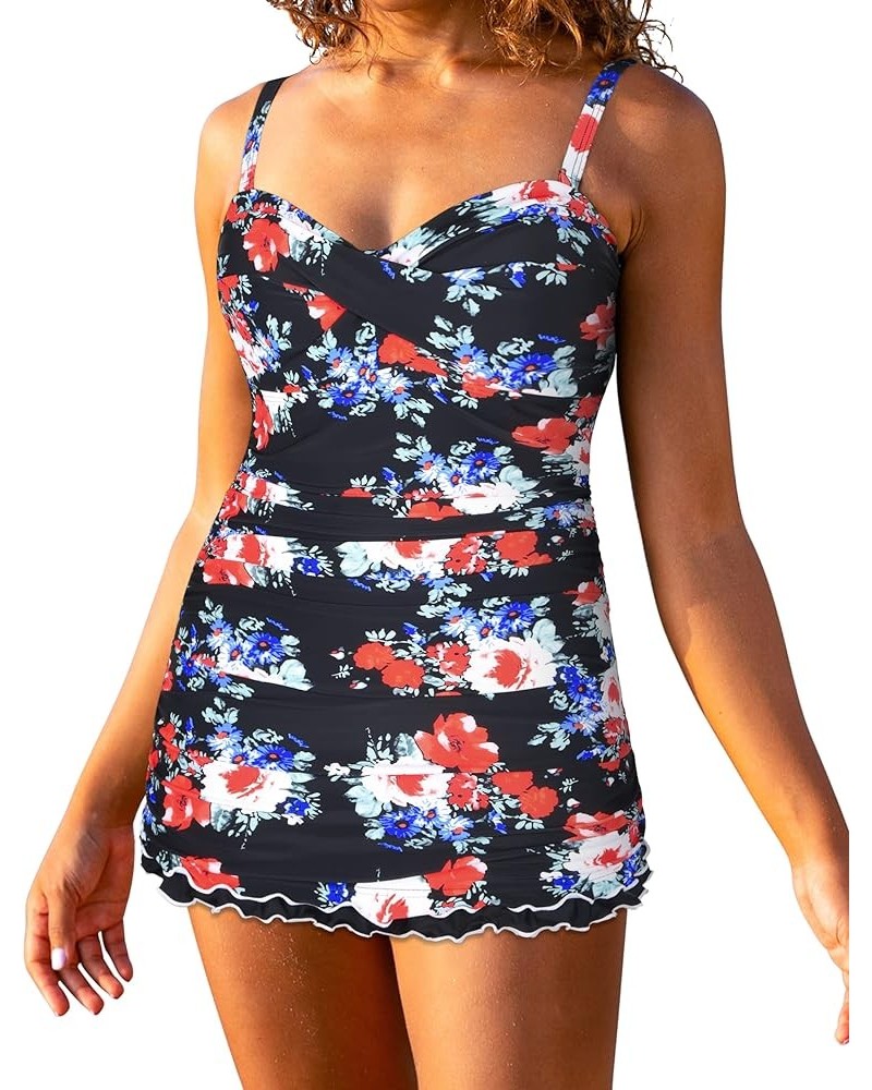 Women's One Piece Swimdress Tummy Control Bathing Suit Front Cross Monokini Ruffled Hem Swimsuits Swim Dress Red Floral $21.5...