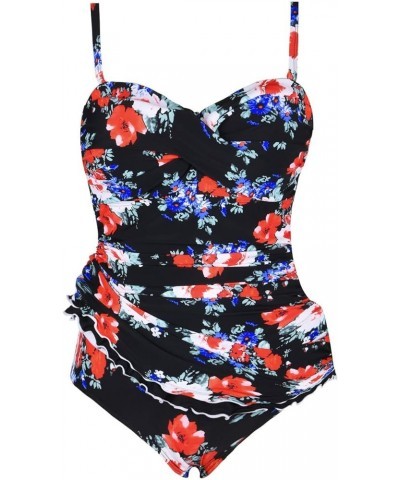 Women's One Piece Swimdress Tummy Control Bathing Suit Front Cross Monokini Ruffled Hem Swimsuits Swim Dress Red Floral $21.5...