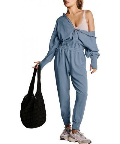 Womens Jumpsuits One Piece Zip Up Hoodie Outfits Long Sleeve Elastic High Waisted Hooded Onesie Overalls Dusty Blue $25.51 Ju...