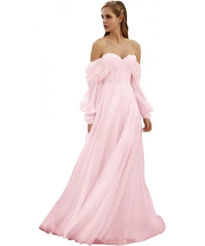 Women's Tulle Long Prom Dress Puffy Sleeve 2023 Off Shoulder Sweetheart Vintage Evening Party Gowns Pink $32.40 Dresses