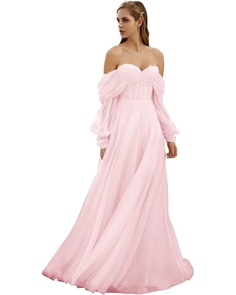 Women's Tulle Long Prom Dress Puffy Sleeve 2023 Off Shoulder Sweetheart Vintage Evening Party Gowns Pink $32.40 Dresses