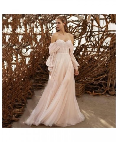 Women's Tulle Long Prom Dress Puffy Sleeve 2023 Off Shoulder Sweetheart Vintage Evening Party Gowns Pink $32.40 Dresses