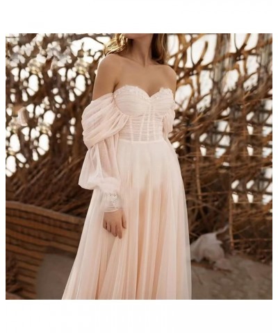 Women's Tulle Long Prom Dress Puffy Sleeve 2023 Off Shoulder Sweetheart Vintage Evening Party Gowns Pink $32.40 Dresses