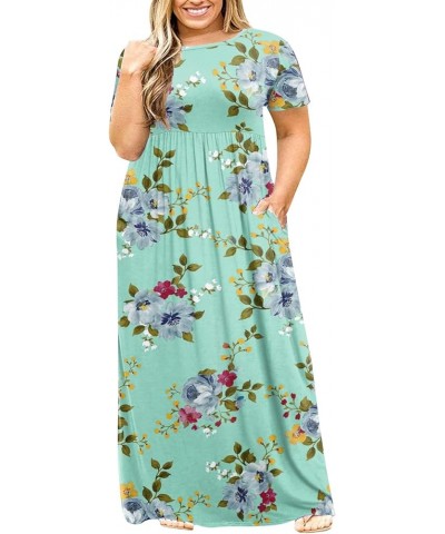 Women's Short Sleeve Plus Size Maxi Dress with Pockets Loose Casual Summer Dresses Green Flower $16.45 Dresses