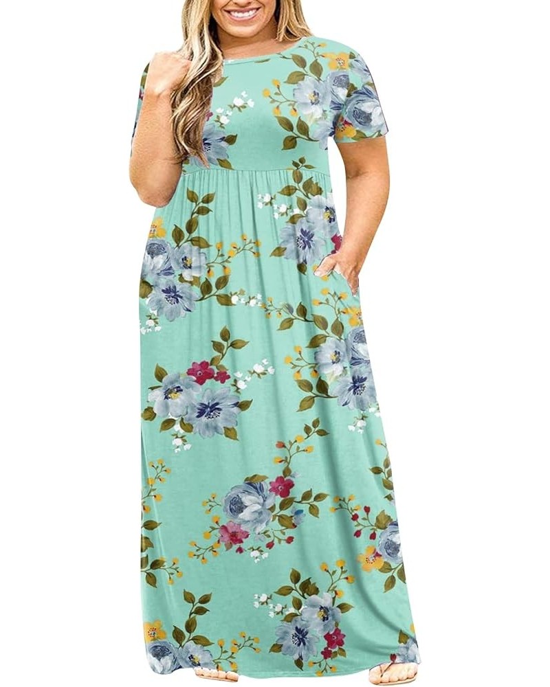 Women's Short Sleeve Plus Size Maxi Dress with Pockets Loose Casual Summer Dresses Green Flower $16.45 Dresses