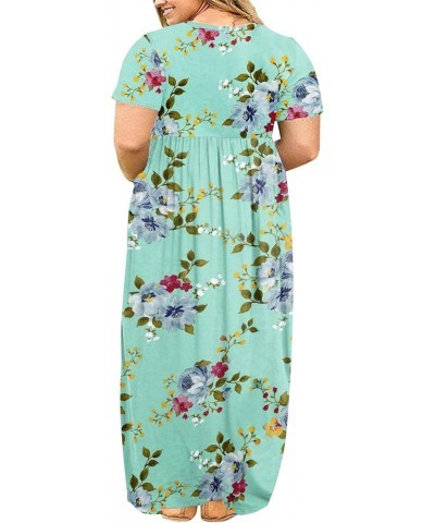 Women's Short Sleeve Plus Size Maxi Dress with Pockets Loose Casual Summer Dresses Green Flower $16.45 Dresses