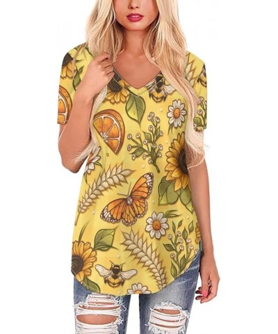 Women Novelty T-Shirts V Neck Summer Tops Graphic Tees Short Sleeve Butterfly Sunflower $14.49 Activewear