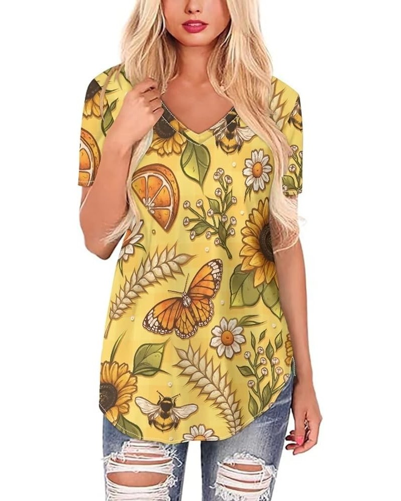 Women Novelty T-Shirts V Neck Summer Tops Graphic Tees Short Sleeve Butterfly Sunflower $14.49 Activewear