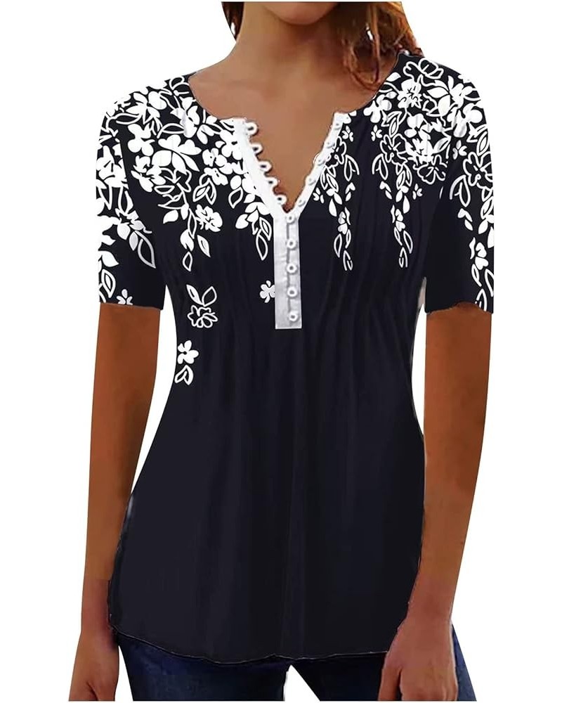 Summer Tops for Women 2024 Floral Tshirts Shirts V Neck Button Down Blouse Short Sleeve Oversized Tshirts S-5XL A36 Black $4....