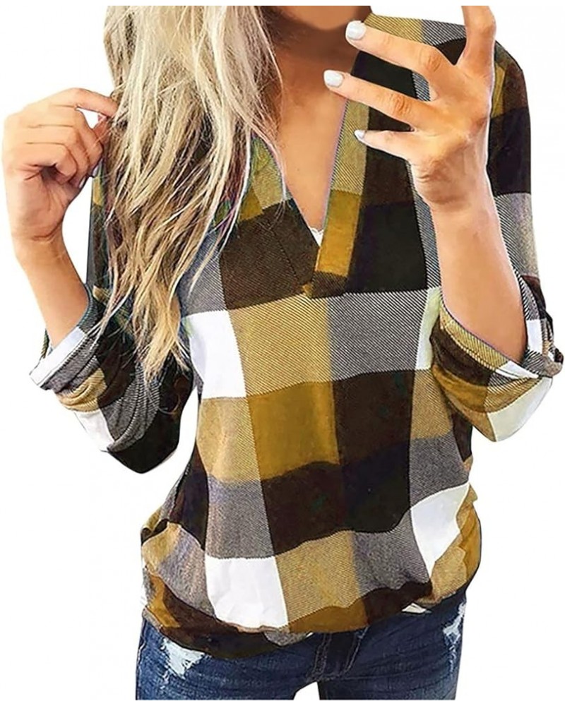 Oversized Tshirts for Women Oversized Long Sleeve Tops for Women Womens Basic Casual V Neck Plaid Print Work Blouses Tops 05-...