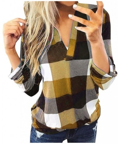 Oversized Tshirts for Women Oversized Long Sleeve Tops for Women Womens Basic Casual V Neck Plaid Print Work Blouses Tops 05-...